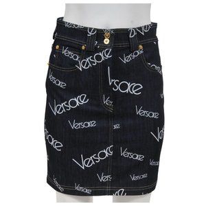 Versace Womens Mini Jean Logo Skirt Size 44 Blue White Stretch Denim Medusa Head